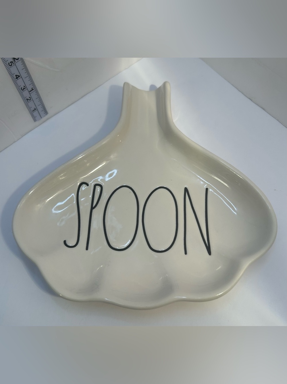 Rae Dunn Garlic Shaped Spoon Rest Ceramic White Black Long Letter Farmhouse